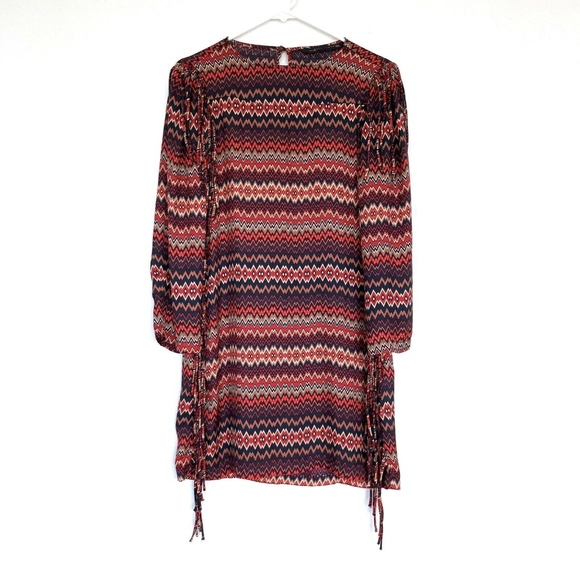 Zara Dresses & Skirts - Zara Blue Red Zig Zag Fringe Shift Dress